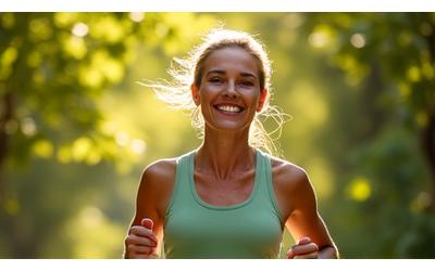 Hombre sonriente de 50 años en ropa deportiva corriendo por un sendero arbolado, con energía y vitalidad.
