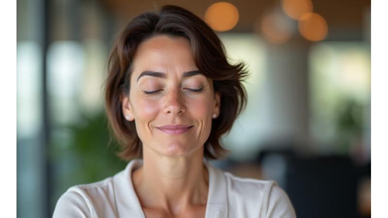 Mujer practicando mindfulness en la oficina, sentada en su escritorio con los ojos cerrados y una expresión serena.