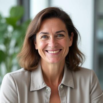 Retrato profesional y amigable de la jefa de nutrición de VidayBien, Elena Gómez, sonriendo en un entorno de consulta.