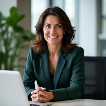 Fotografía de Ana García, sonriente y vestida de forma profesional en un escritorio con un ordenador, representando al equipo de soporte de plataforma de VidayBien.
