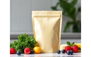Envase de proteína vegana con frutas y vegetale frescos.