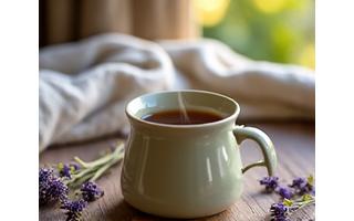 Taza de té de hierbas humeante con flores de lavanda seca.