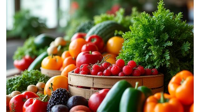 Variedad de frutas orgánicas, verduras y cereales en un mercado rústico.