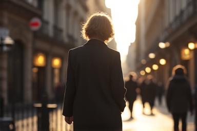 Persona silueta caminando tranquilamente con la Gran Vía de Madrid de fondo, aliviando el estrés diario.
