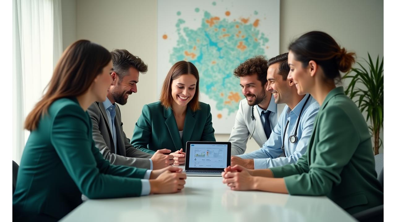 Equipo de VidayBien colaborando en una oficina luminosa, con un mapa estilizado de Madrid de fondo.