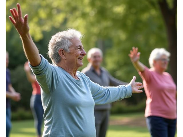 Dos personas adultas mayores haciendo ejercicios de Tai Chi en el Parque del Retiro, Madrid, con un instructor.